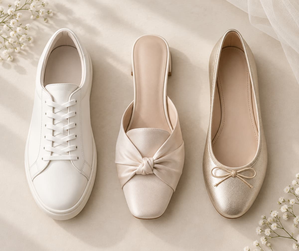 Composition à plat de trois chaussures plates de mariage pour femme : une basket blanche habillée, une mule et une ballerine, posées côte à côte sur un fond neutre.