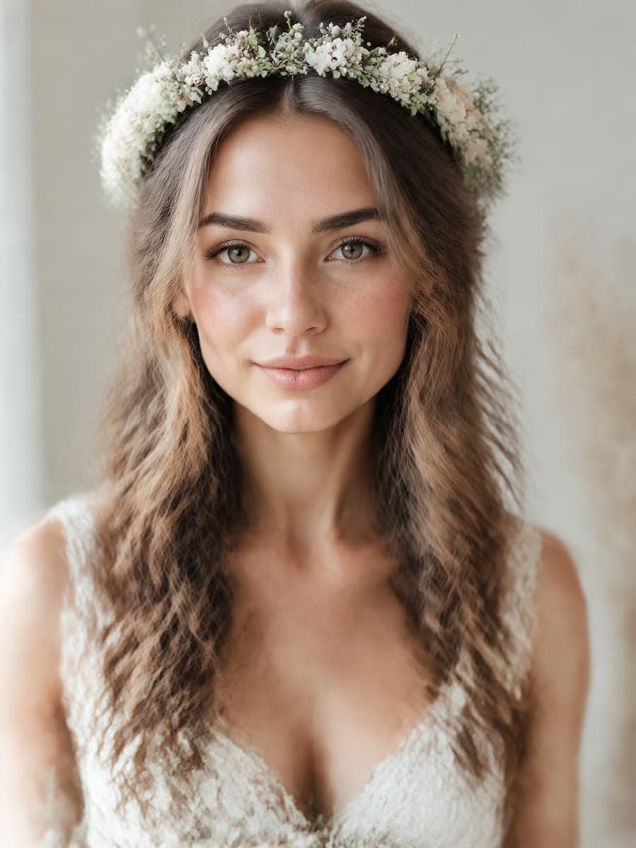 Portrait de face d'une mariée aux longs cheveux lâchés ondulés ornés d'une fine couronne de fleurs.