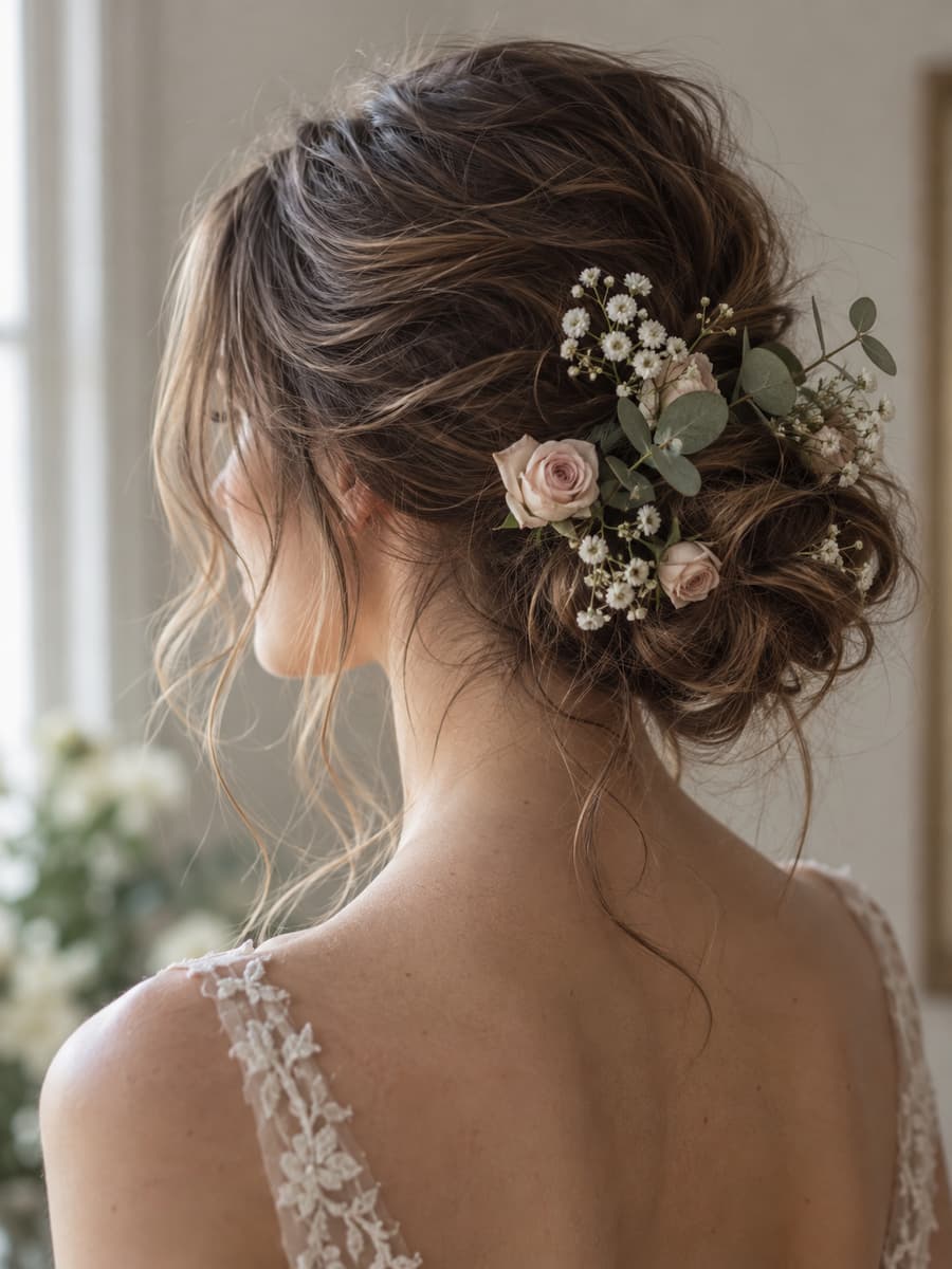 Chignon bas décoiffé vu de trois quarts arrière, orné de gypsophile, de mini roses et de brins d'eucalyptus, avec des mèches libres encadrant le visage.