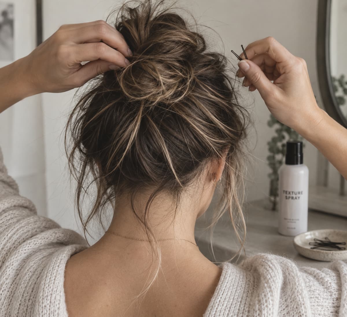 Gros plan sur deux mains croisant une mèche de cheveux pour former un chignon flou, avec des épingles à cheveux et un spray texturisant posés à côté, certaines mèches s'échappant volontairement.