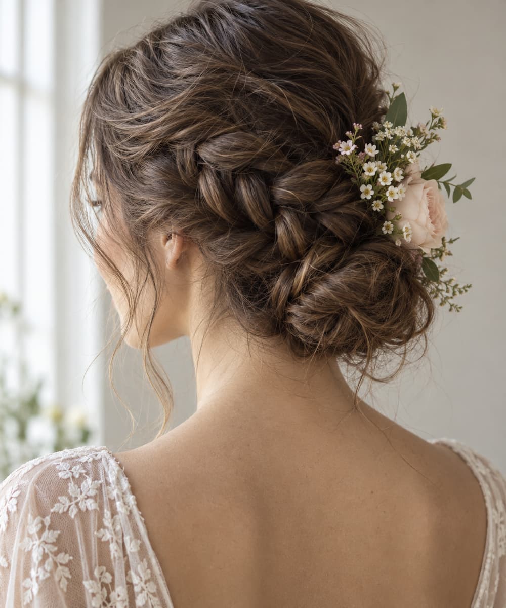 Vue de trois quarts arrière d'un chignon bas tressé orné de fleurs fraîches piquées dans la tresse, nuque dégagée.