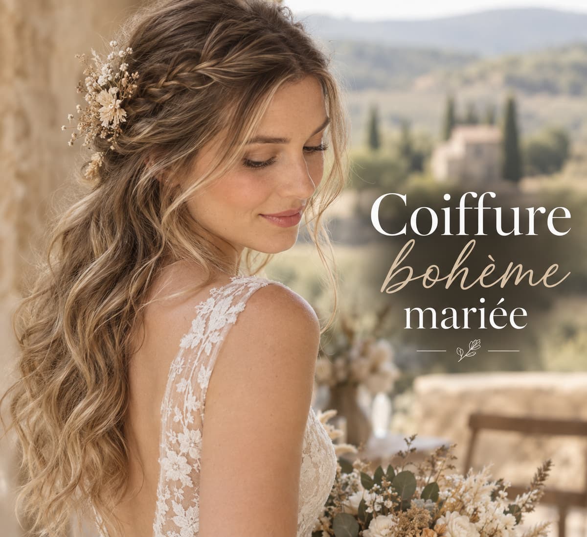 Mariée aux cheveux ondulés, avec une tresse fine sur le côté et des fleurs séchées dans les cheveux, éclairée par une lumière naturelle douce, et le texte « Coiffure bohème mariée » en surimpression.