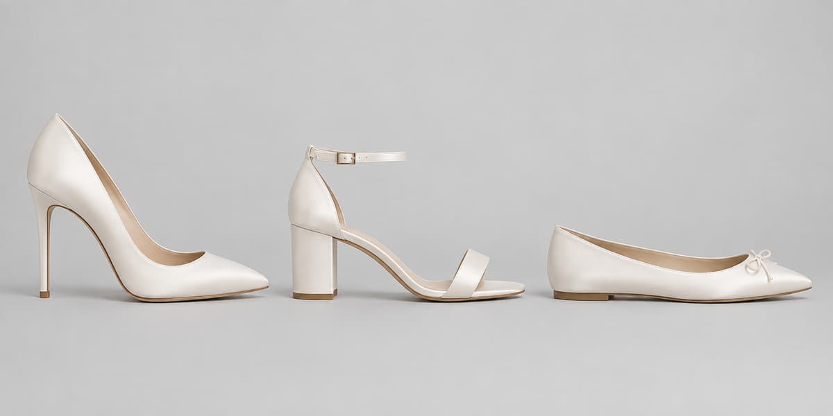 Trois chaussures de mariage alignées côte à côte sur un fond neutre : une avec un talon haut fin, une avec un talon bloc moyen et une chaussure plate.