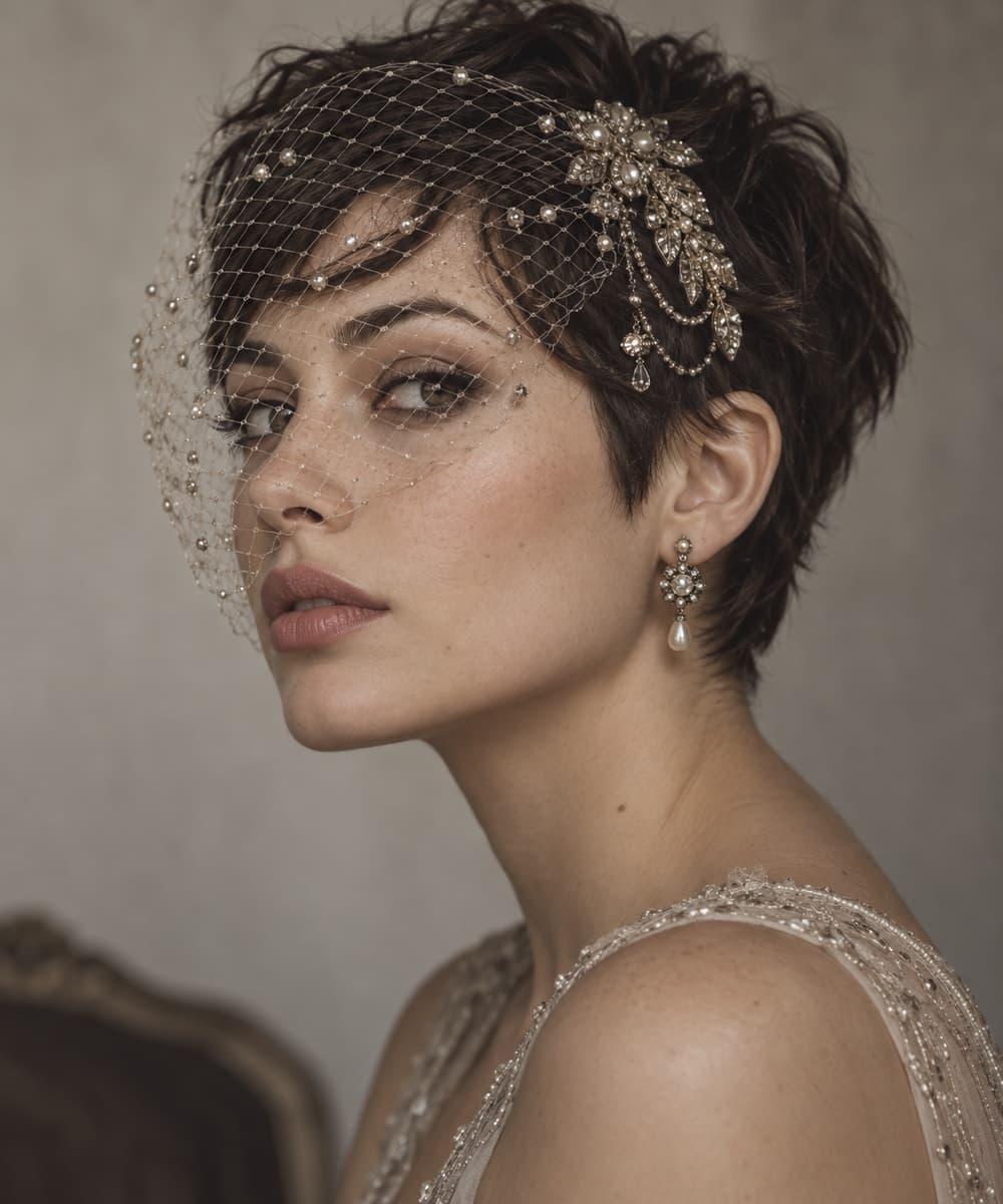Portrait d'une femme aux cheveux courts coupés en pixie, portant une voilette rétro ornée de petits bijoux.