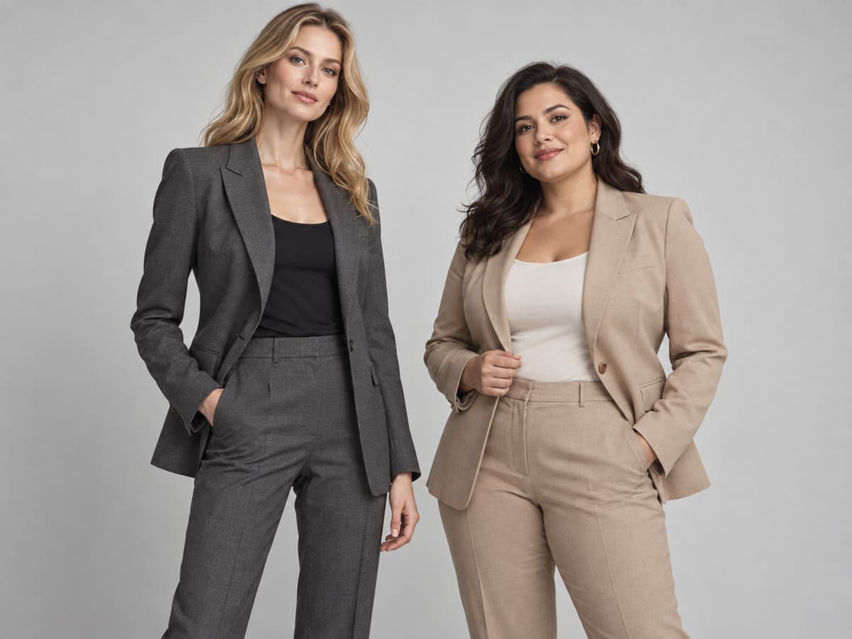 Deux femmes aux silhouettes différentes portent chacune un tailleur à la coupe adaptée, côte à côte devant un fond neutre de studio.