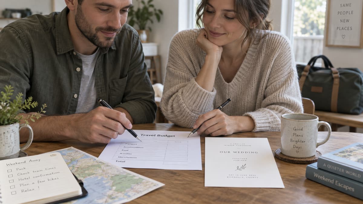 Deux adultes assis à une table consultent calmement des documents de budget et une carte de mariage, avec un sac de week-end discret en arrière-plan.