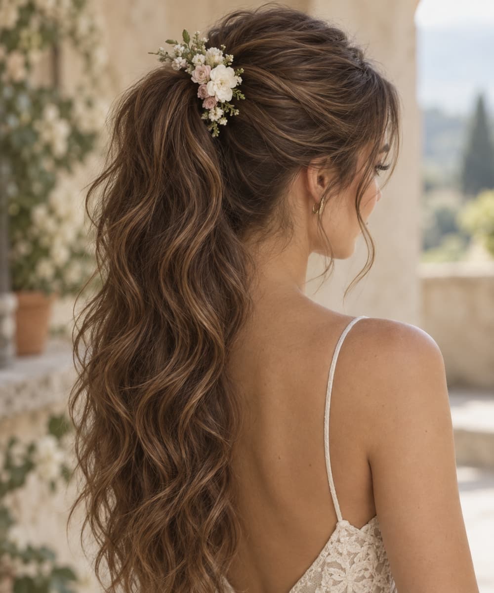 Vue de trois quarts arrière d’une demi-queue haute dont l’élastique est caché par un petit groupe de fleurs fraîches, avec de longues mèches ondulées laissées libres.