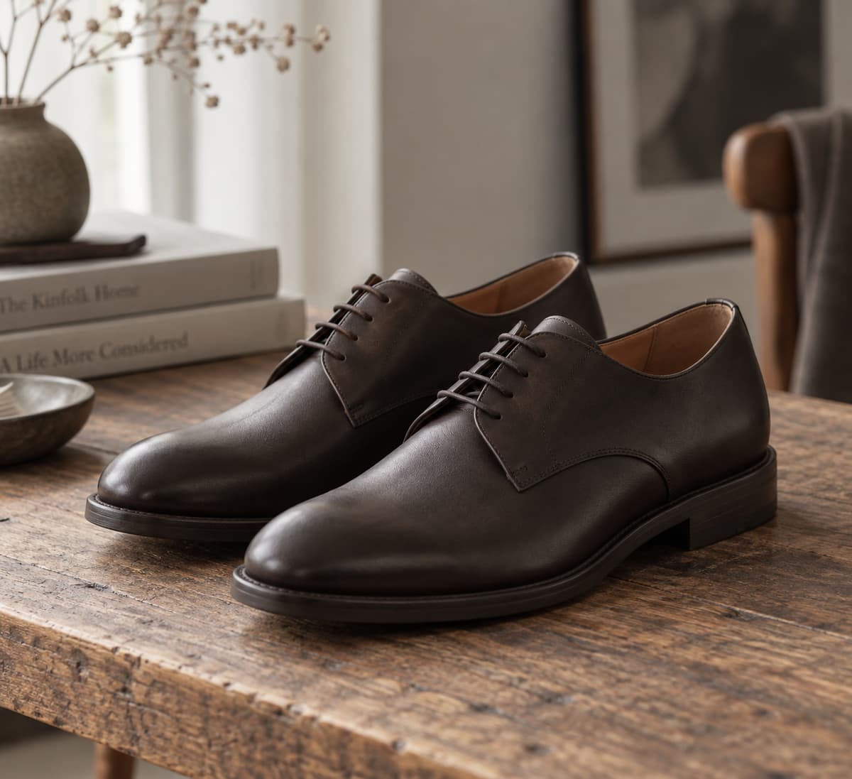 Paire de derbies en cuir sobre posée sur une surface en bois.