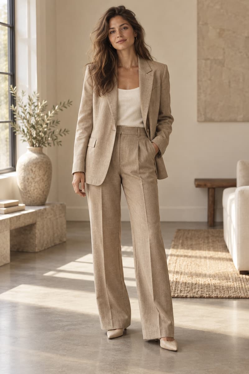Femme portant un ensemble tailleur élégant et confortable dans un intérieur lumineux.