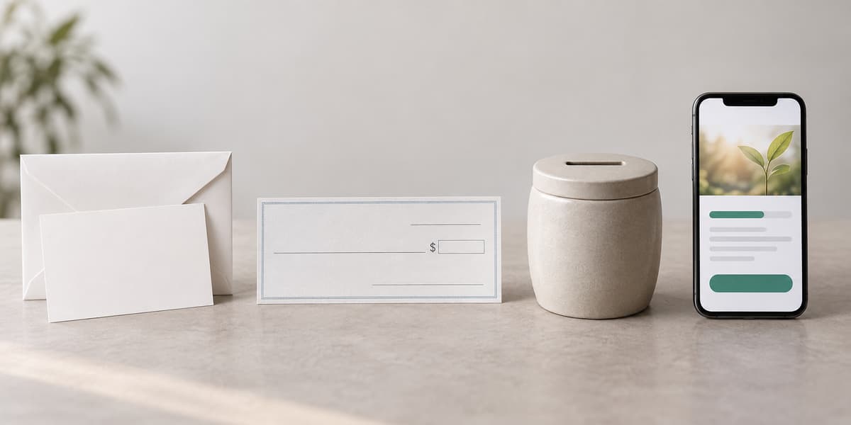 Nature morte minimaliste présentant une enveloppe avec carte, un chèque vierge, une petite urne et un smartphone affichant une page de cagnotte sur une surface claire.