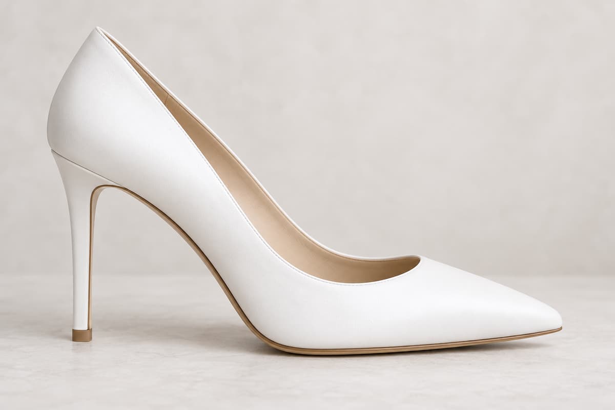 Escarpin blanc lisse au talon classique vu de profil sur un fond clair.