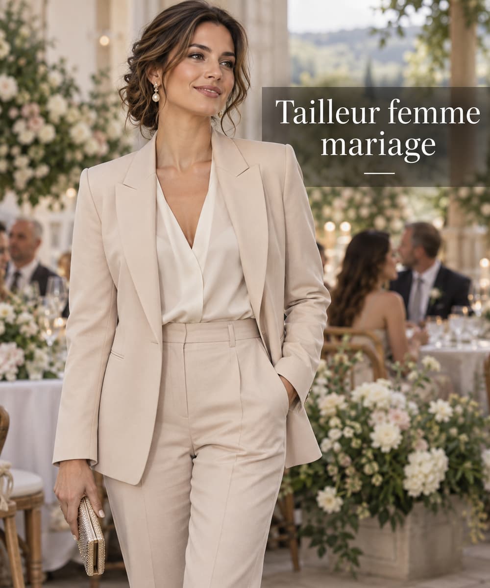 Femme élégante en tailleur de cérémonie souriante lors d'une réception de mariage raffinée.