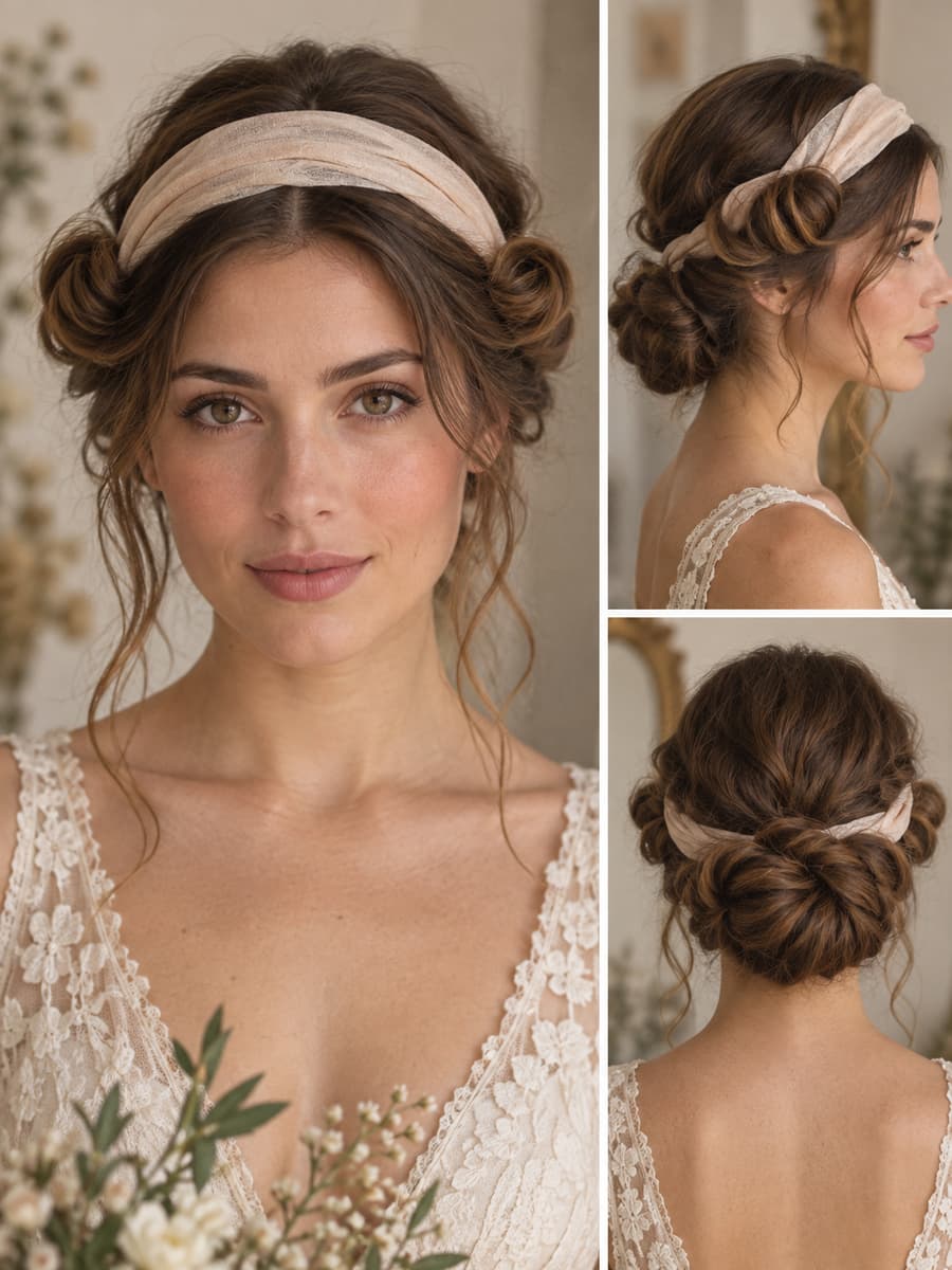 Femme portant un headband souple sur le front, avec des mèches roulées et rentrées sur les côtés et un rouleau de cheveux à l'arrière.
