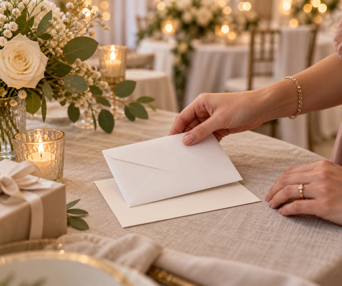 Des mains adultes tiennent une enveloppe blanche sobre au-dessus d’une carte de vœux posée sur une table de réception élégante, avec des fleurs discrètes en arrière-plan.