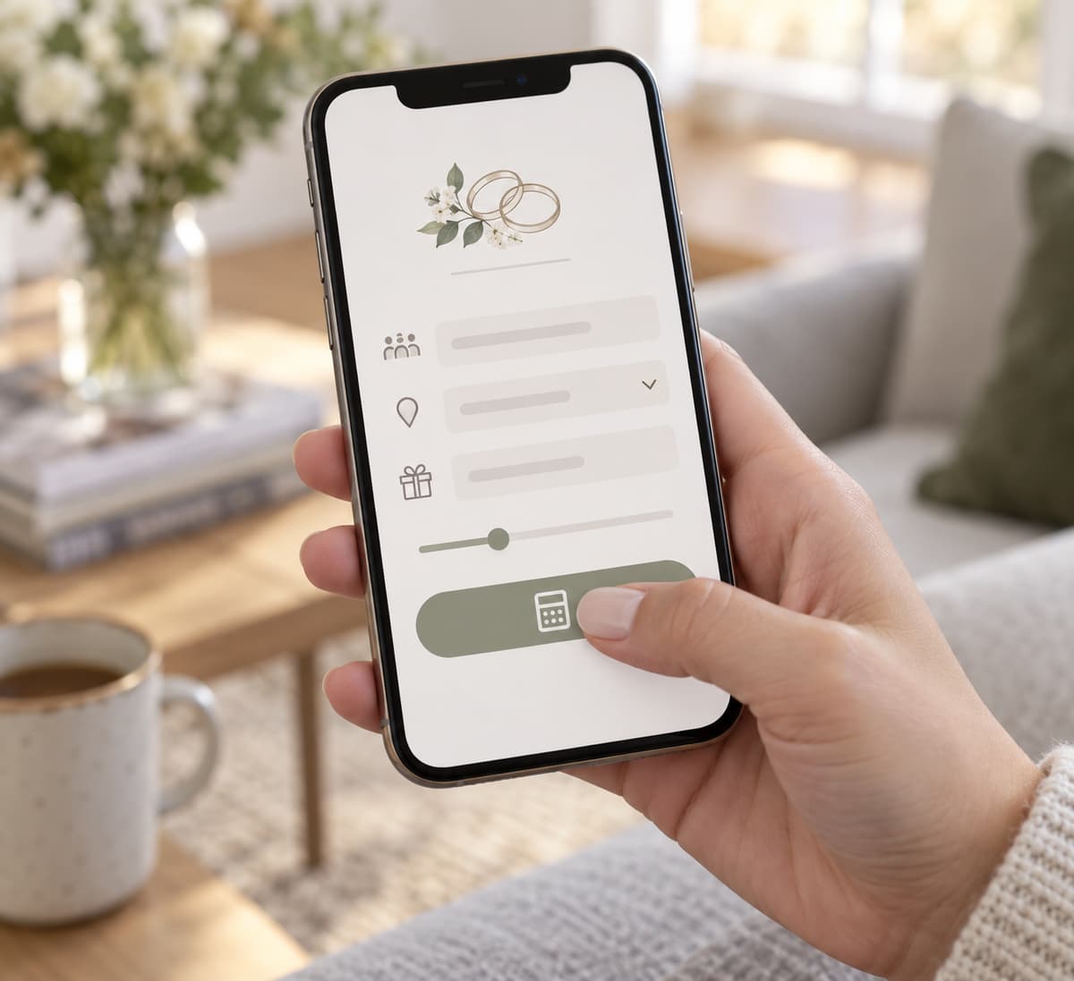 Main tenant un smartphone affichant une interface claire de simulateur de mariage avec des champs de sélection et un bouton de calcul identifiable.