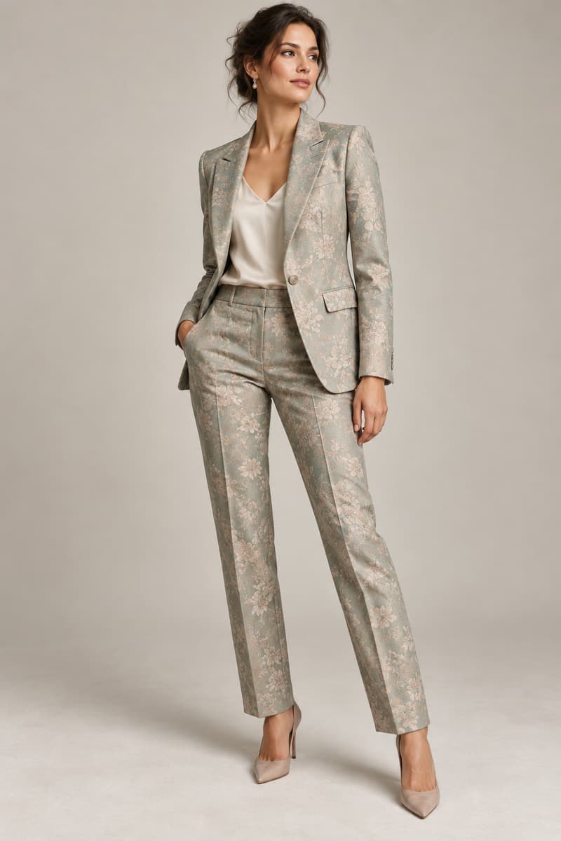 Silhouette féminine portant un tailleur de cérémonie imprimé aux couleurs tendance, mise en scène stylisée sur fond neutre.