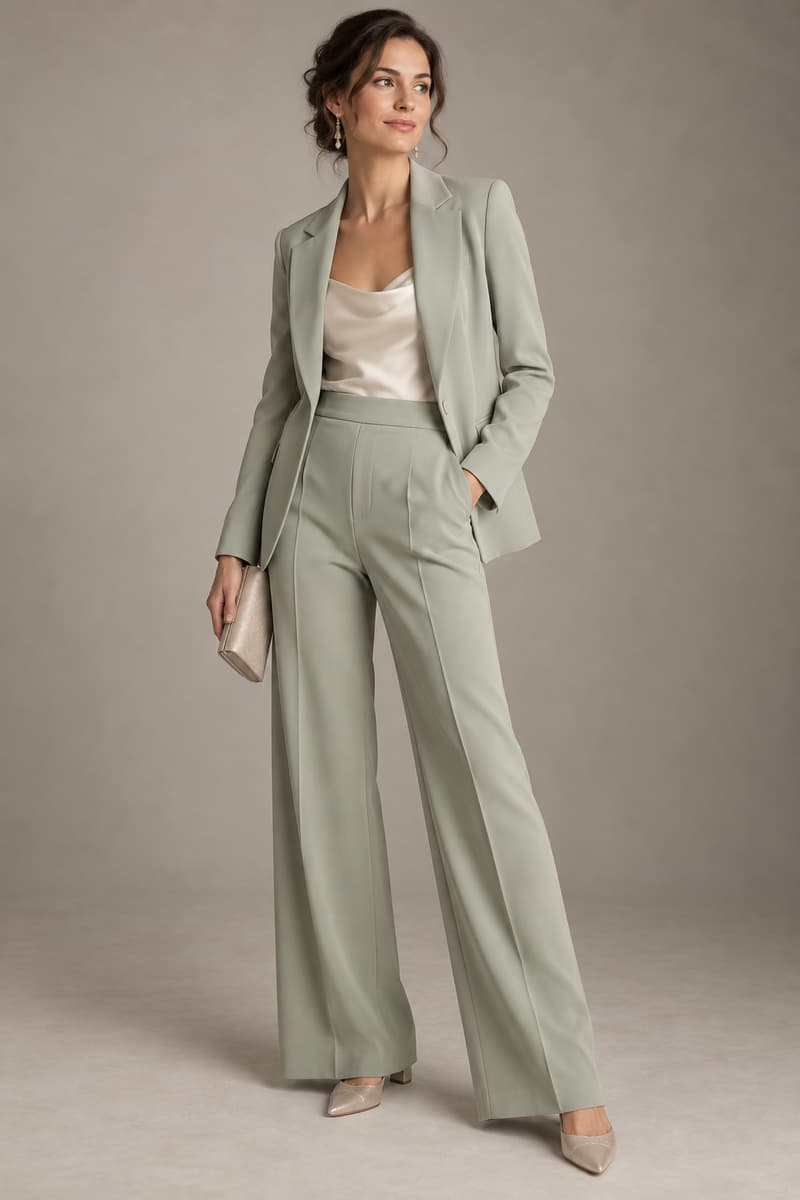Ensemble tailleur féminin élégant porté par une femme en studio, avec veste et pantalon assortis, tissu fluide et coupe soignée.
