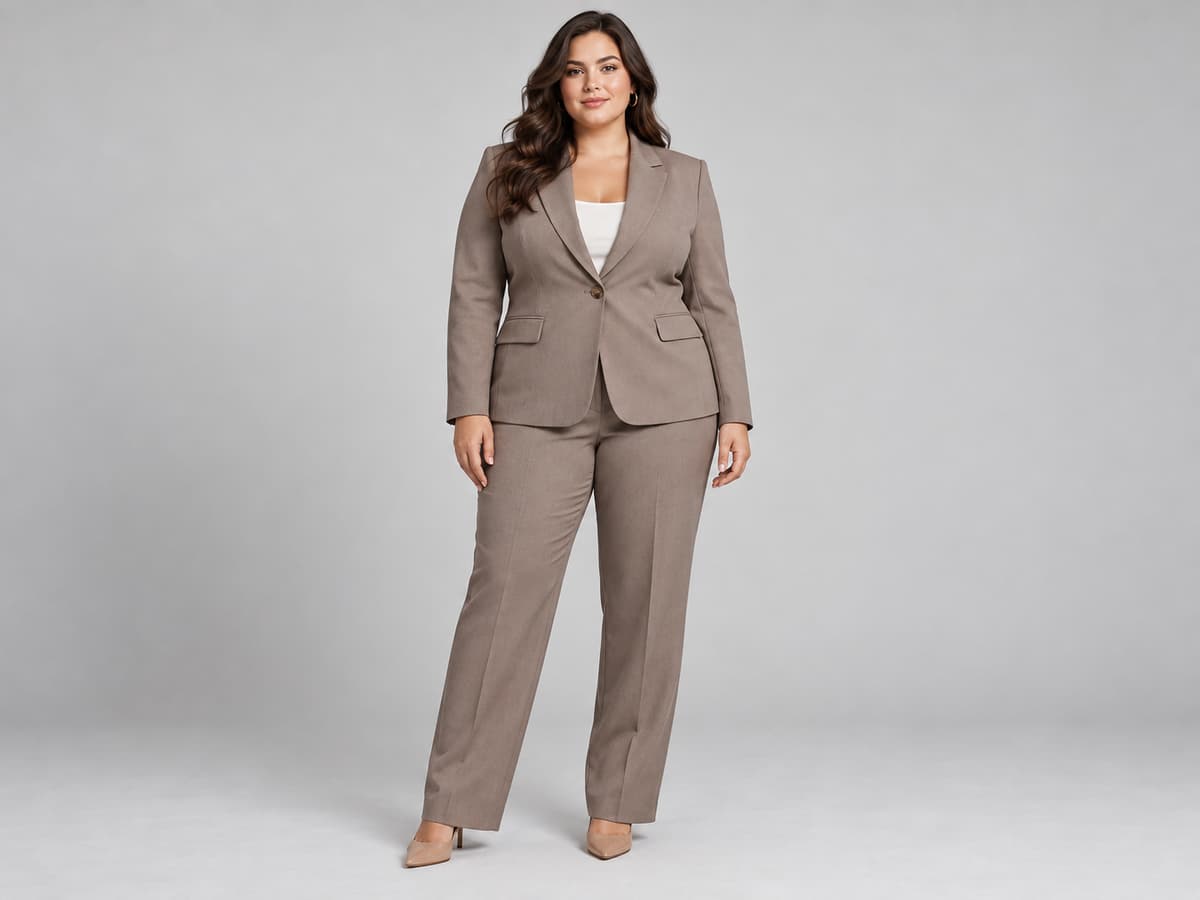 Femme grande taille portant un ensemble tailleur ajusté, veste cintrée et pantalon droit, debout sur fond gris clair.