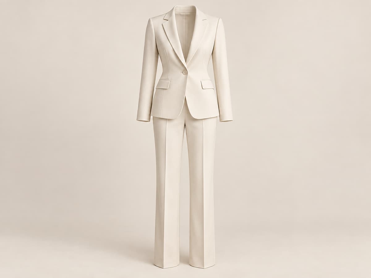 Ensemble tailleur femme composé d'une veste ajustée et d'un pantalon assorti, sur fond neutre épuré.