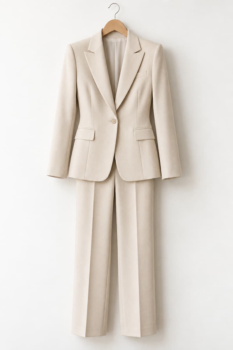 Ensemble tailleur féminin crème en laine, veste cintrée et pantalon à pli marqué, suspendu à un cintre en bois sur fond blanc.