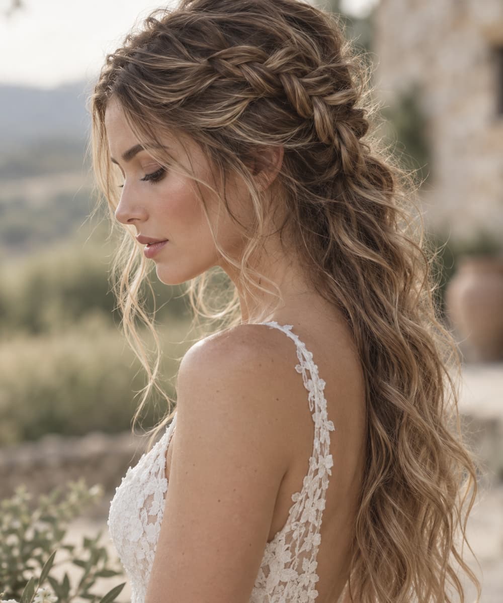 Profil d'une mariée aux cheveux ondulés avec une tresse cascade sur le côté et des mèches libres.