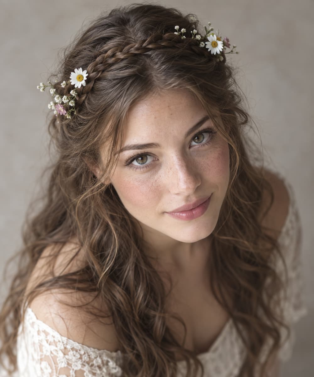 Portrait en légère plongée d'une chevelure longue ondulée ornée d'une fine tresse ceinturant la tête avec quelques fleurs fraîches et des longueurs libres à l'arrière.