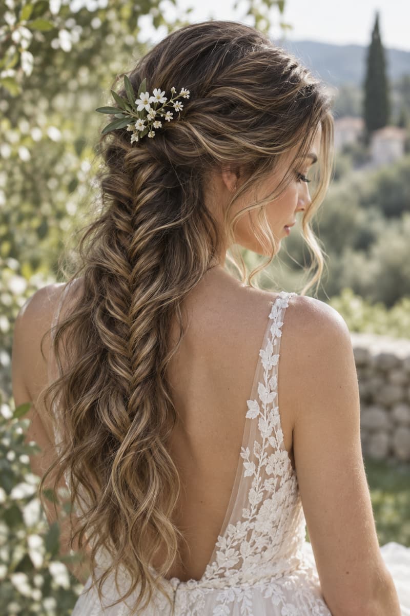 Portrait de trois quarts arrière d'une femme aux cheveux ondulés avec une tresse en épi au centre du crâne et un petit accessoire floral.