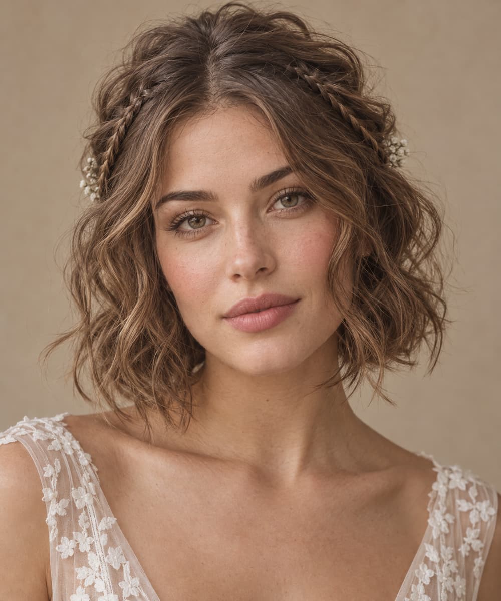 Jeune femme aux cheveux courts ondulés avec deux fines tresses latérales mettant en valeur le volume sur les côtés.
