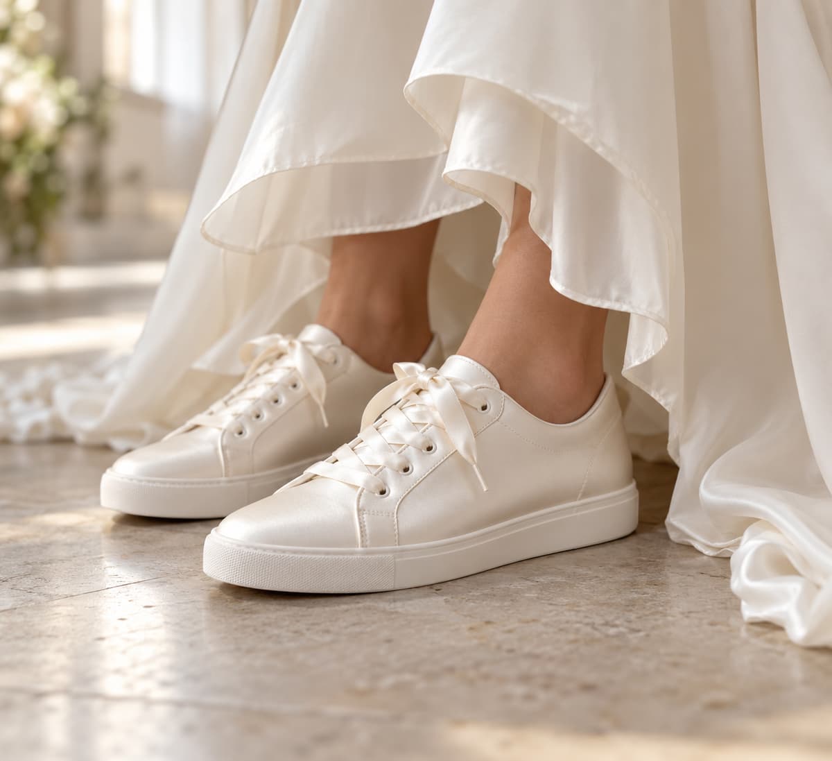 Des baskets basses en satin ivoire apparaissent sous l'ourlet d'une robe de cérémonie, avec une allure habillée.