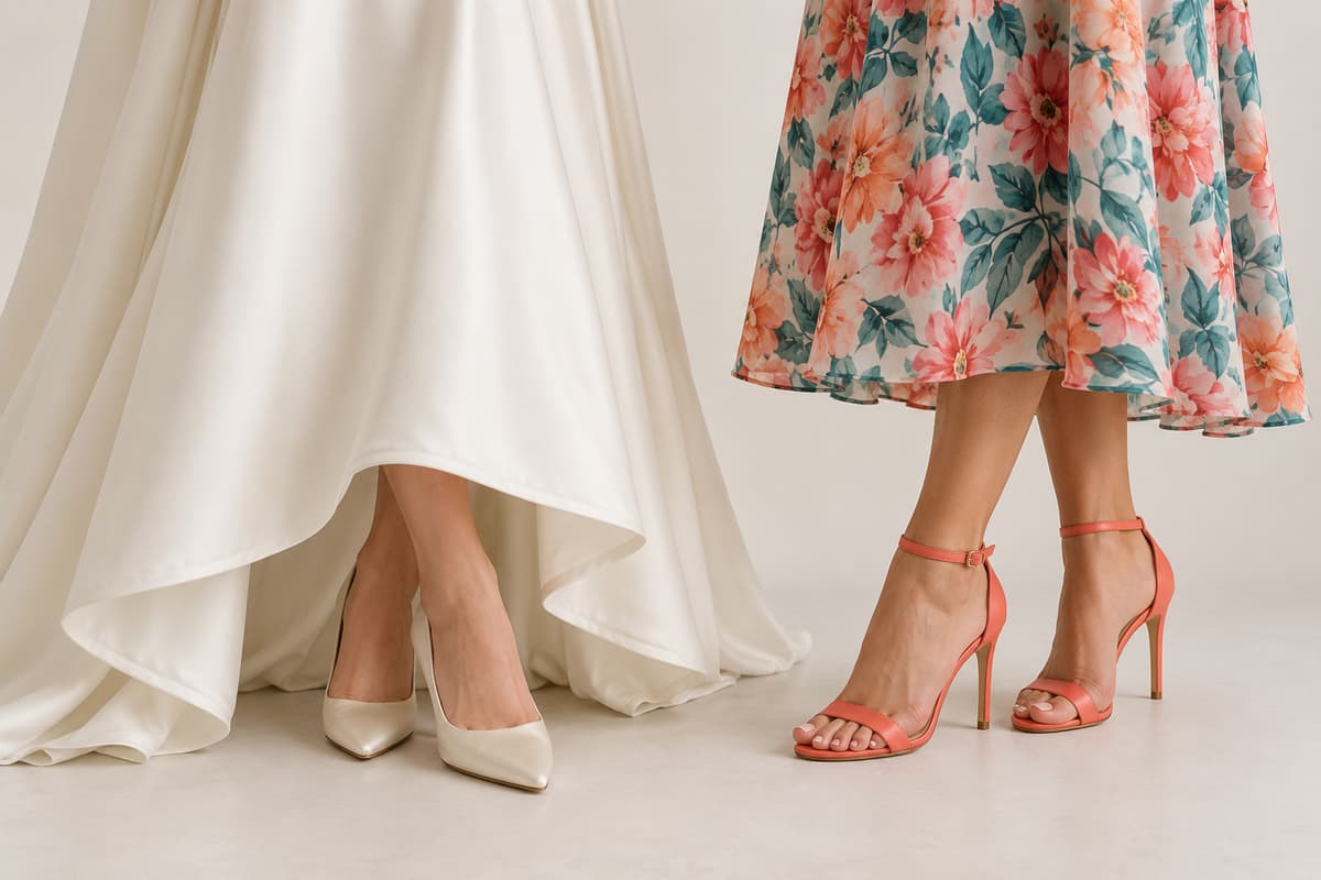 Deux tenues de cérémonie vues des genoux aux pieds : une robe ivoire avec escarpins ivoire assortis et une tenue d'invitée colorée avec des chaussures habillées reprenant la même teinte.