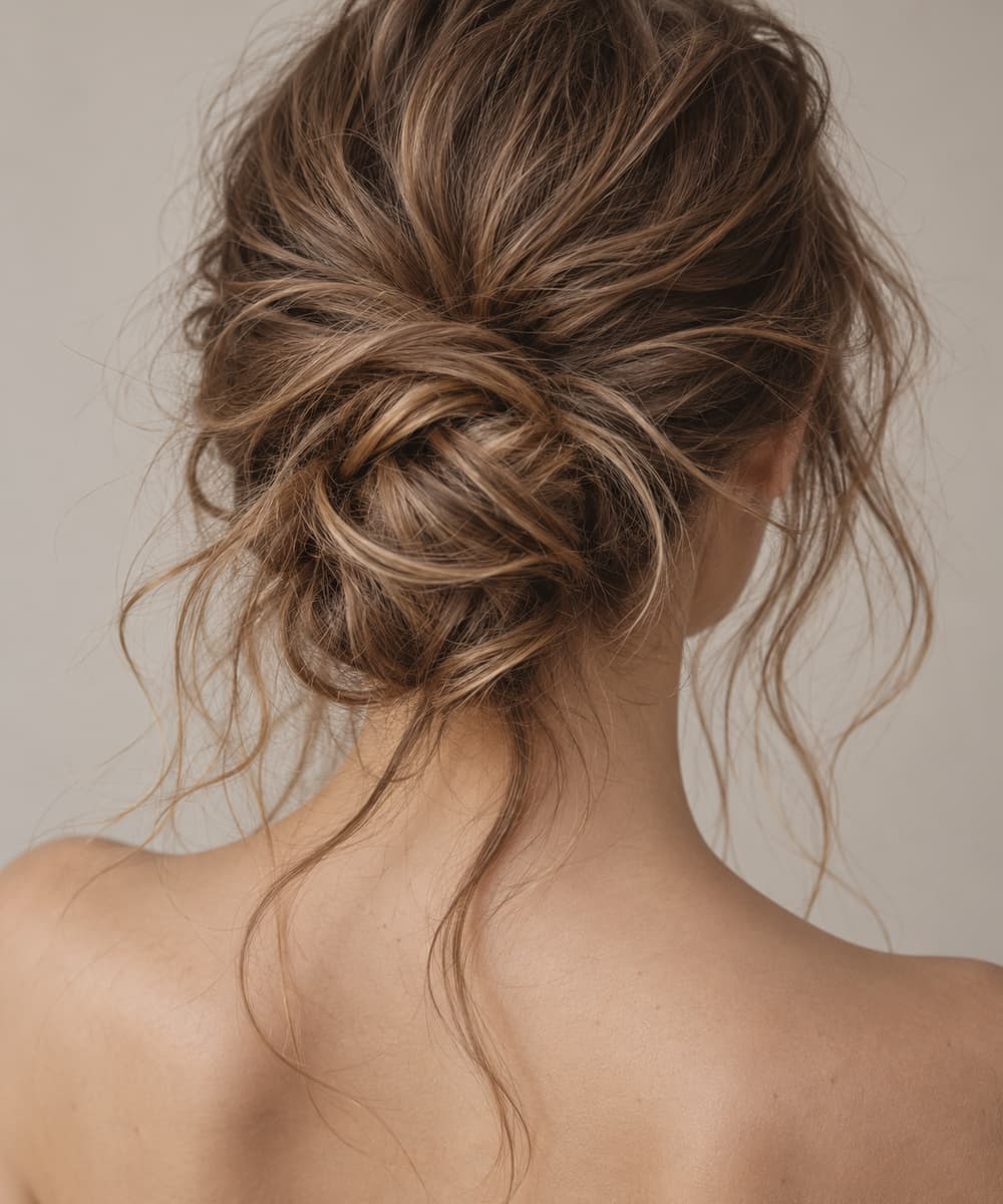 Vue de dos d’un chignon bas volontairement ouvert, avec de nombreuses mèches sorties et un volume irrégulier, les cheveux restant attachés sur la nuque.