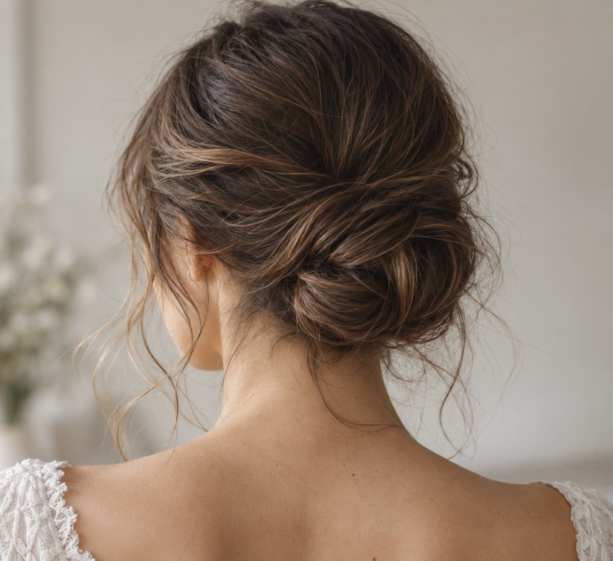 Vue de dos d'un chignon bas à la texture souple, posé sur la nuque, avec quelques mèches libres et un contour arrondi.