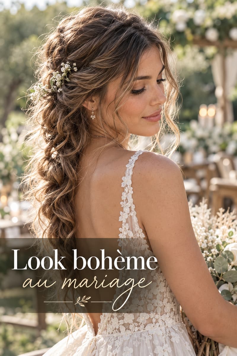 Jeune mariée aux cheveux ondulés et tressés, dans une ambiance de cérémonie légère, avec le texte 'Look bohème au mariage' incrusté.