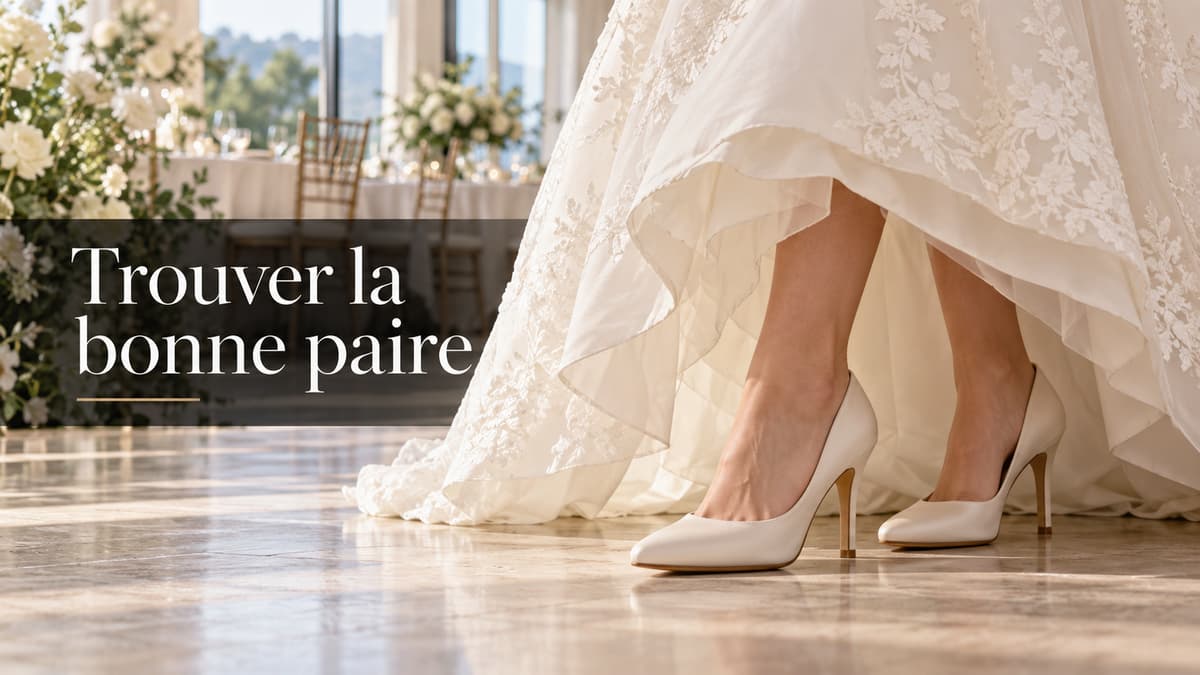 Robe de cérémonie ivoire dont l’ourlet découvre des escarpins assortis sur le sol d’une réception de mariage lumineuse, avec le texte « Trouver la bonne paire » visible en surimpression.