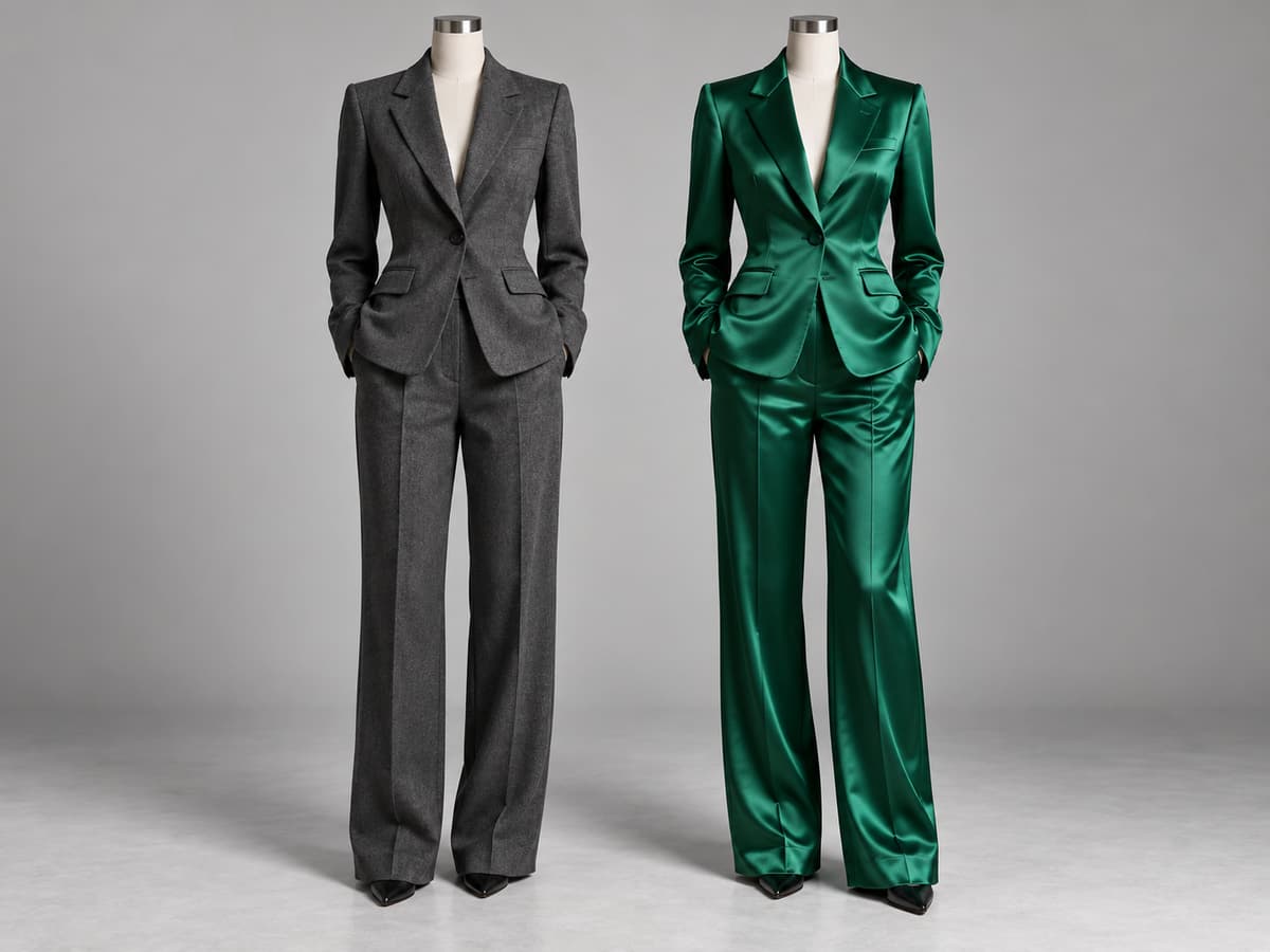 Deux tailleurs féminins de coupe identique présentés côte à côte sur des mannequins sans tête, l’un en tissu mat gris anthracite à l’aspect professionnel, l’autre en soie satinée vert émeraude à la brillance festive.