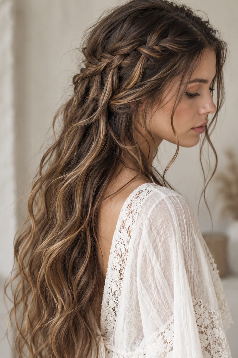 Profil d’une femme aux cheveux longs avec une tresse cascade souple laissant voir des mèches libres et des longueurs ondulées.